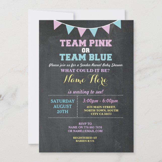 Team Pink or Blue Gender Reveal Baby Shower invite (Front)