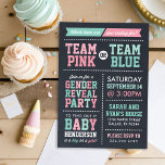 Team Pink or Team Blue Chalkboard Gender Reveal Invitation<br><div class="desc">Invite friends and family to find out if your new baby is a boy or a girl with this cute trendy modern baby gender reveal party invitation. The design features a sporty Team Pink or Team Blue theme with a fun bold mix of typography in shades of white, pink and...</div>