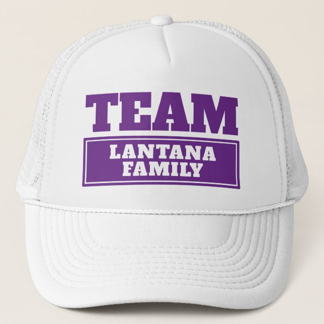 Team purple personalised team name or family name trucker hat (Front)