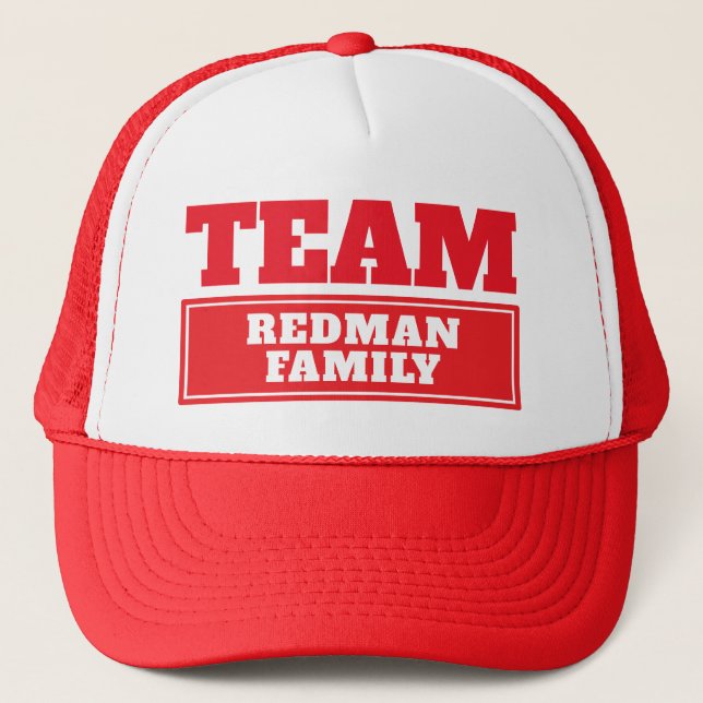 Team red personalised team name or family name trucker hat (Front)