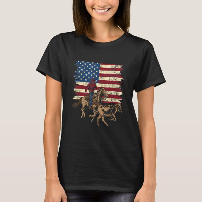Team Roping  Usa Flag Rodeo Equestrian Header Heel T-Shirt (Front)