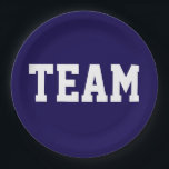 TEAM Sporty Athletic White Text On Deep Navy Blue Paper Plate<br><div class="desc">This sporty design features athletic bold TEAM white text against deep navy blue background.   The colors and text in this design can be personalized.</div>