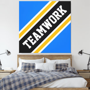 TEAMWORK Bright Blue Black Slant Racing Stripes Canvas Print