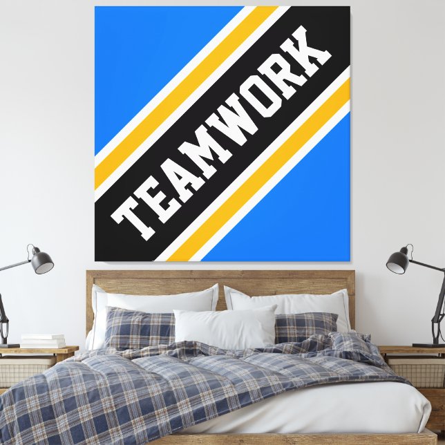 TEAMWORK Bright Blue Black Slant Racing Stripes Canvas Print (Insitu(Bedroom))