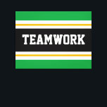 TEAMWORK Bright Green Black White Racing Stripes Canvas Print<br><div class="desc">This sporty,  athletic design features bold TEAMWORK text inside a highlighted wide black stripe with double white and yellow racing stripes against bright green outer stripes.   The text in this design can be personalised.</div>