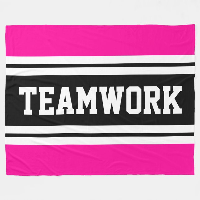 TEAMWORK Bright Pink Black White Racing Stripes Fleece Blanket (Front (Horizontal))