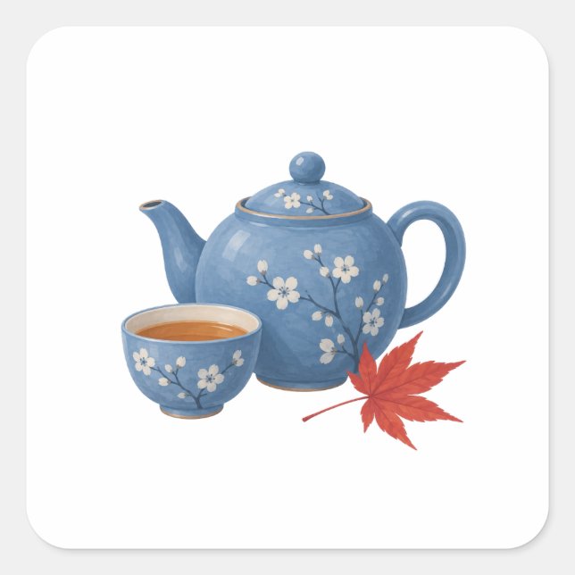 Teapot and Autumn Maple Leaf Square Sticker (Front)