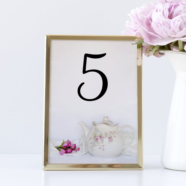 Teapot and Pink Roses Wedding Table Number (Creator Uploaded)