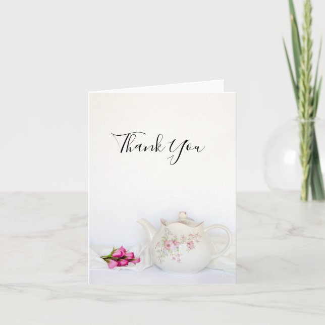 Teapot and Pink Roses Wedding Thank You Card (Front)