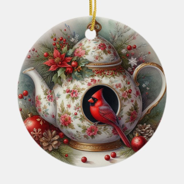 Teapot Birdhouse Cardinal 5 Ceramic Tree Decoration (Front)