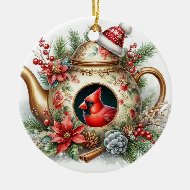 Teapot Birdhouse Cardinal 6 Ceramic Tree Decoration (Front)