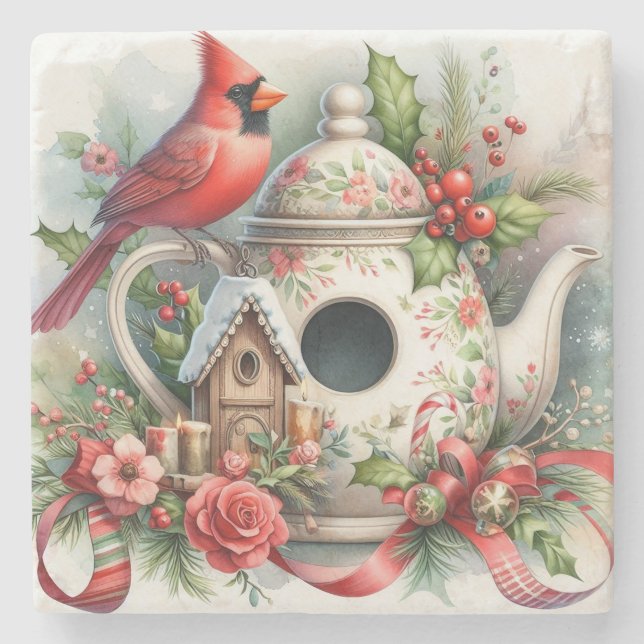 Teapot Birdhouse Cardinal 7 Stone Coaster (Front)