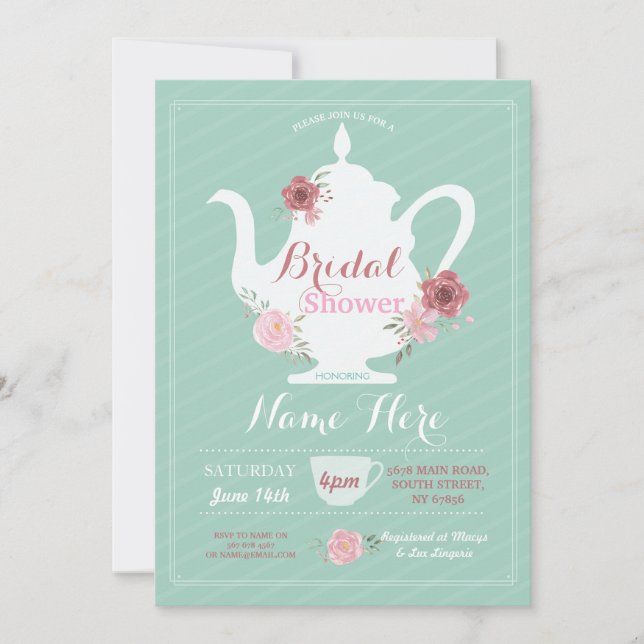 Teapot Bridal Shower Afternoon Tea Party Mint Invitation (Front)