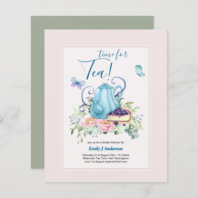 Teapot Bridal Shower Teatime Afternoon Tea Invites (Front/Back)