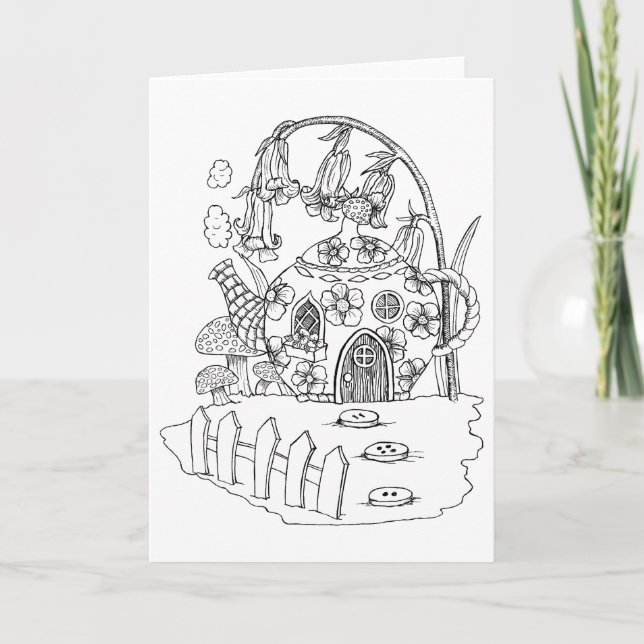 Teapot Fairy Cottage Colour it Yourself Blank Card (Front)