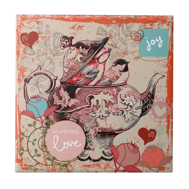 Teapot Fantasy Grunge Ceramic Tile (Front)