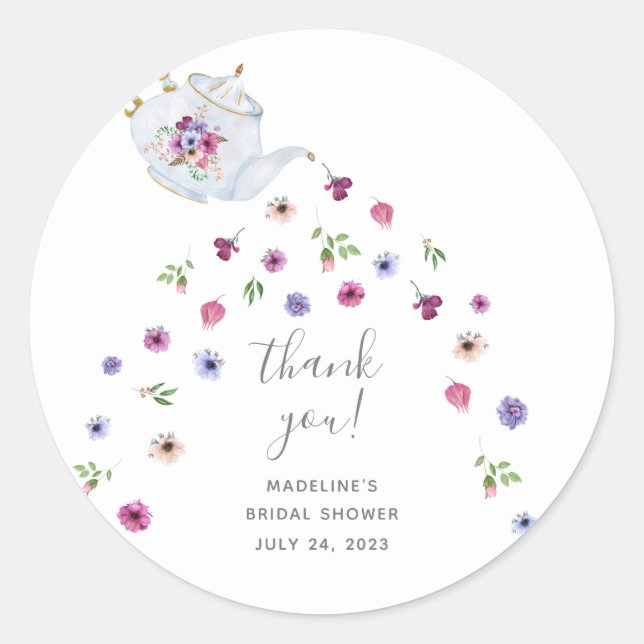 Teapot Floral Bridal Shower Tea Party Thank You Classic Round Sticker (Front)
