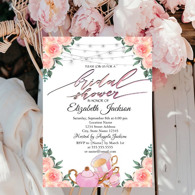 Teapot Macaron String Lights Roses Bridal Shower Invitation (Creator Uploaded)