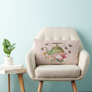 Teapot Party Pink Floral & Butterflies Kettle Lumbar Cushion