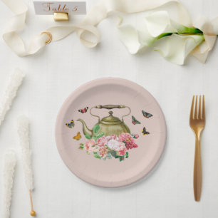 Teapot Party Pink Floral & Butterflies Kettle Paper Plate