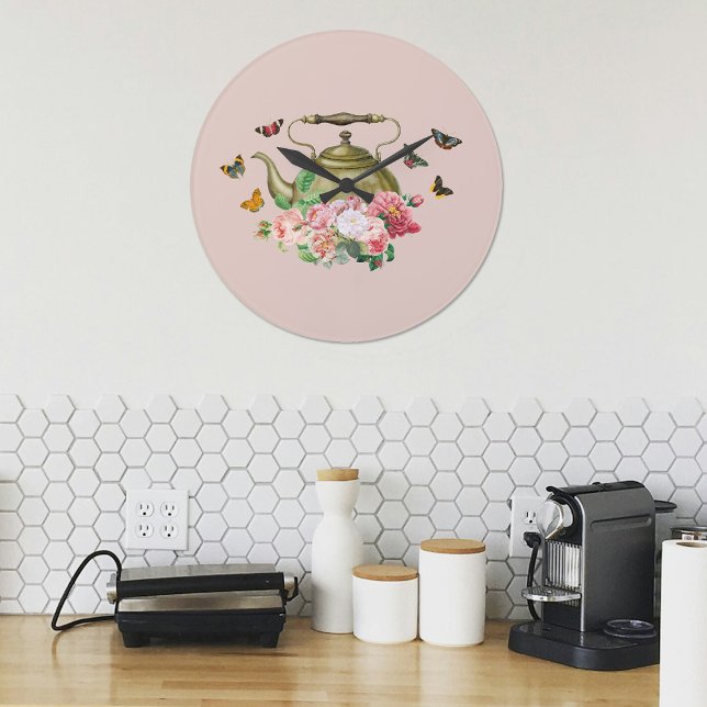 Teapot Party Pink Floral & Butterflies Kitchen Large Clock (Teapot Party Pink Floral & Butterflies Kitchen Large Clock)
