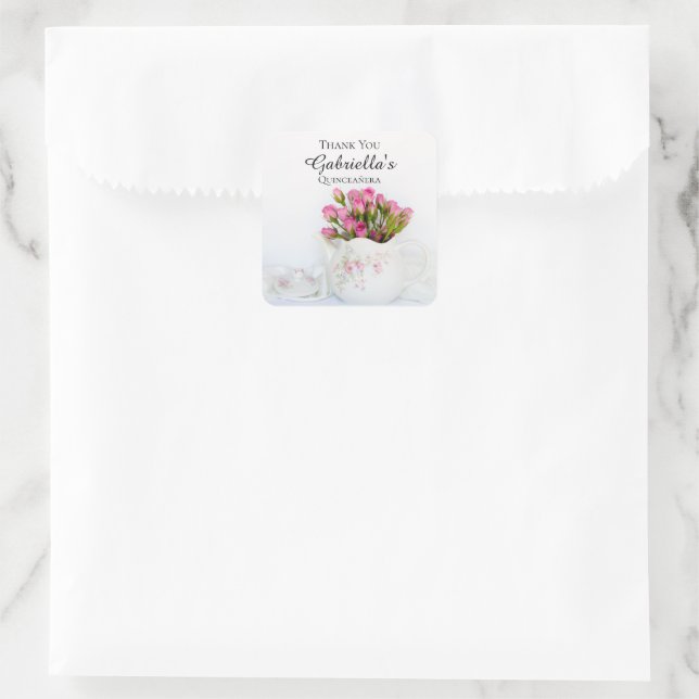 Teapot Pink Roses Quinceañera Thank You Favour Tag (Bag)
