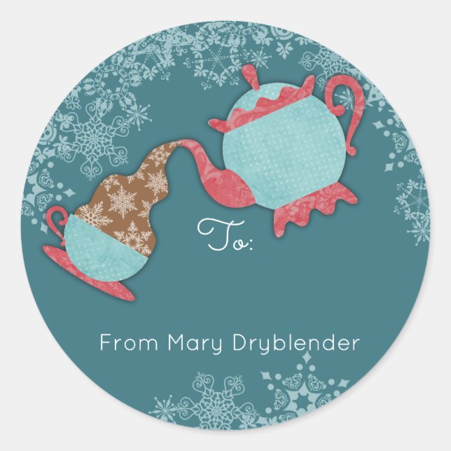 Teapot pouring snowflakes from the kitchen of classic round sticker (Front)