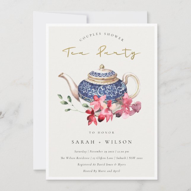 Teapot Red Floral Couples Shower Tea Party Invite (Front)