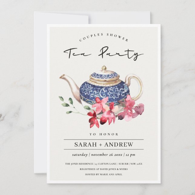 Teapot Red Floral Couples Shower Tea Party Invite (Front)