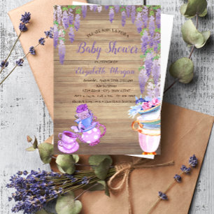 Teapot Tea cup Wisteria Wood Glitter Baby Shower Invitation