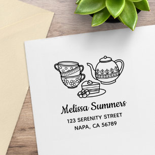 Teapot, Teacups, and Cake Address Rubber Stamp