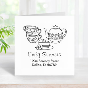 Teapot, Teacups, and Cake Address Rubber Stamp
