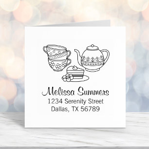 Teapot, Teacups, and Cake Address Self-inking Stamp