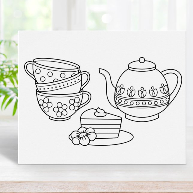 Teapot, Teacups, and Cake Colouring Page Poster (Creator Uploaded)