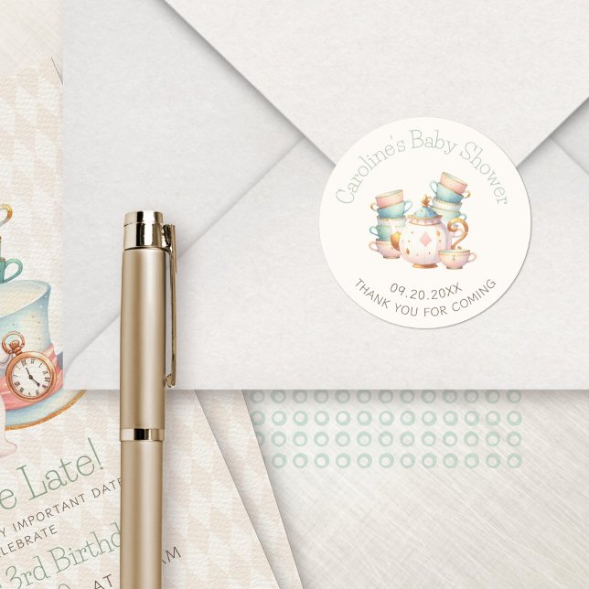 Teapot Teacups Wonderland Shower Birthday Classic Round Sticker (Creator Uploaded)