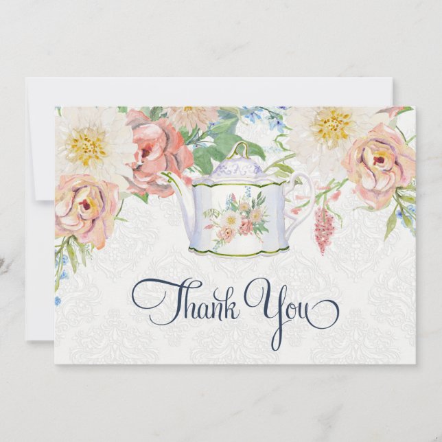 Teapot Thank You Note Dusty Blue Blush Pink Floral (Front)