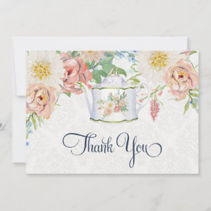 Teapot Thank You Note Dusty Blue Blush Pink Floral Card