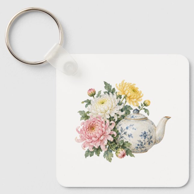 Teapot with Chrysanthemums Key Ring (Front)