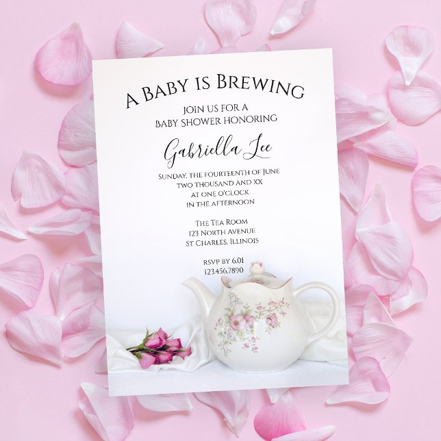 Teapot with Pink Roses Baby is Brewing Shower Invitation (Creator Uploaded)