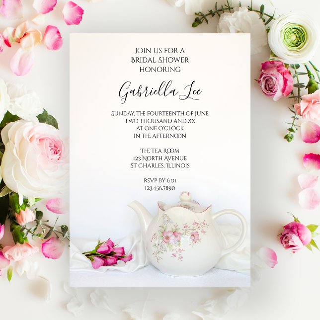 Teapot with Pink Roses Bridal Shower Invitation (Creator Uploaded)