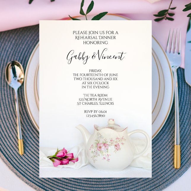 Teapot with Pink Roses Tea Party Rehearsal Dinner Invitation (Creator Uploaded)