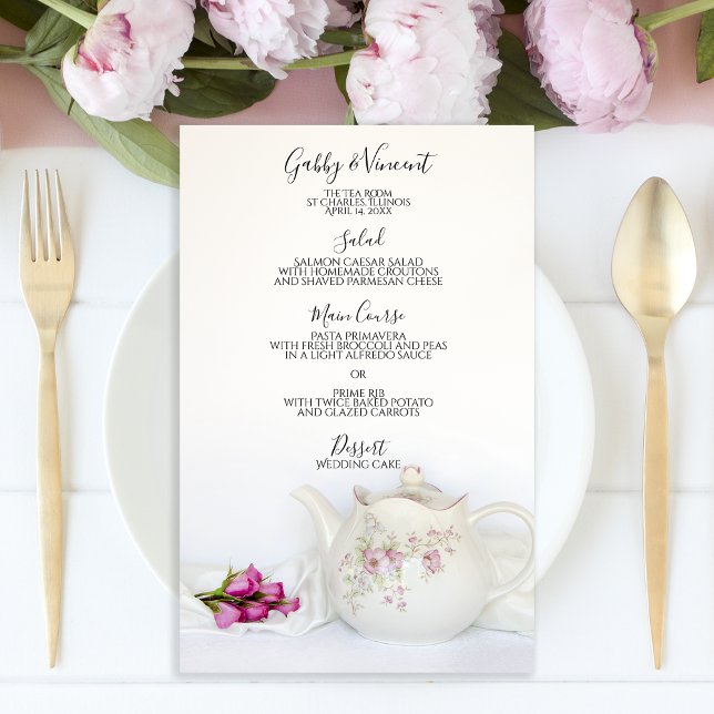 Teapot with Pink Roses Tea Party Wedding Menu (Creator Uploaded)