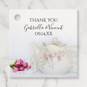Teapot with Pink Roses Wedding Favour Tags