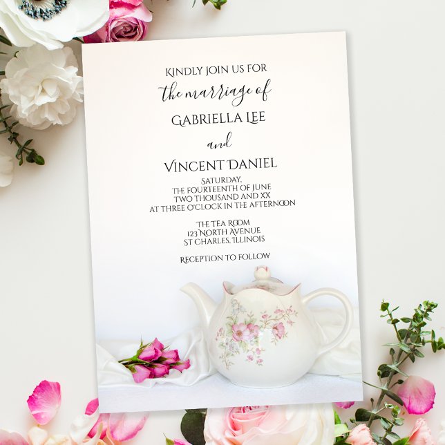 Teapot with Pink Roses Wedding Invitation (Creator Uploaded)