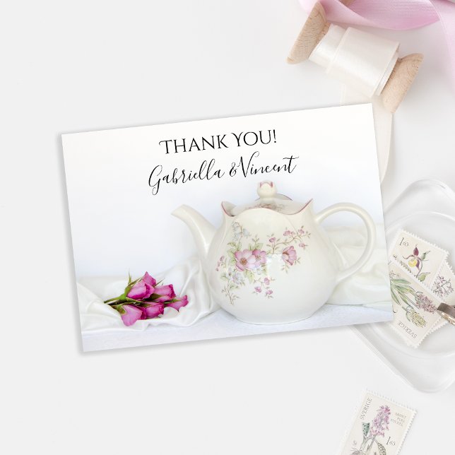 Teapot with Pink Roses Wedding Thank You Note (Creator Uploaded)