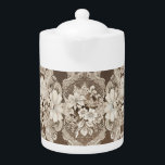 Teapot with Vintage Lace Cream & Dark Brown<br><div class="desc">Teapot with cream and a dark brown faux lace design with a tiny amount of a light blue in some of the flowers.   Thanks to Creative Fabrica for some of the elements in the design.</div>