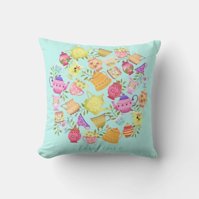 Teapots and Cups Aqua Cushion (Front)