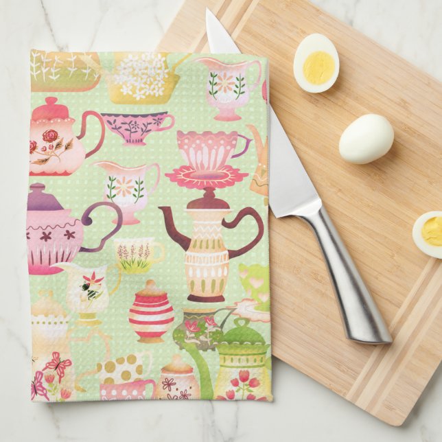 Teapots and Cups Green Kitchen Towels (Quarter Fold)