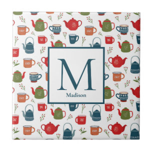 Teapots Mugs Berries Pattern Monogram Christmas Tile