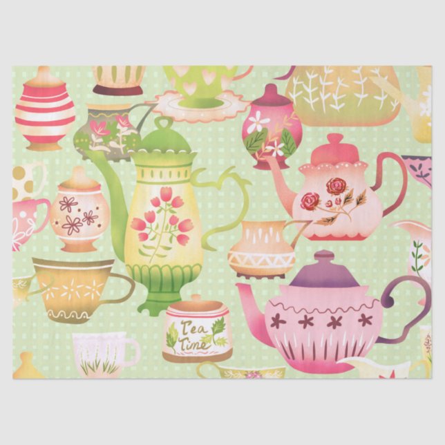 Teapots Teacups Green Tissue Paper (Front)